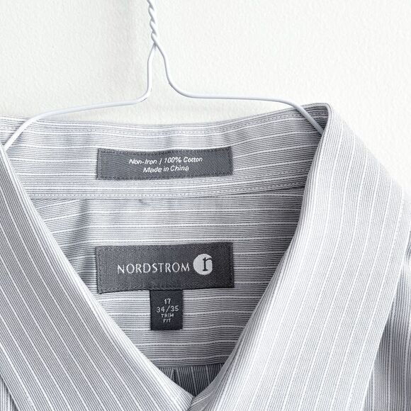 Nordstrom Mens Non Iron Trim Fit Long Sleeve Shirt Stripes Gray Size 17 - Picture 4 of 7